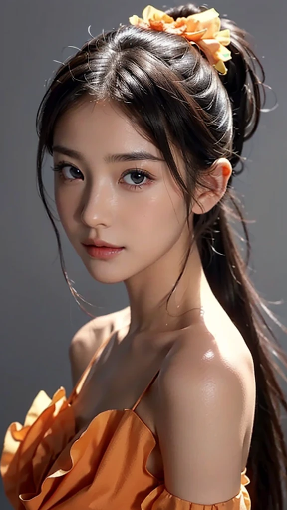 Close up face,Orange Sleeveless Dress Style,Frilly dress,ruffled edges, layered,Accessories: Flower hairpiece, ribbon, fitted body,Commercials for luxury cosmetics style,Commercial filming studio,The background is all gray,Body in front,fully body photo,masutepiece, The highest image quality, High quality, the background is clear,Beautiful woman, Japanese, Detailed, Ultra-detailed, finely detail, hight resolution, 8K Wallpaper, Perfect dynamic composition, Beautiful detailed eyes ,Detailed eyes, Detailed skin, Beautiful skin, 超hight resolution, (reality: 1.4),Very beautiful woman, Slightly younger face, Beautiful skin, slender, (Ultra photo realsisim), (hight resolution), (8K), (Very detailed) (beautifully detailed eyes), (super detailed), (Detailed face), view the viewer, Fine details, Detailed face, Staring straight ahead, Staring straight ahead, photos realistic, Bright lighting, Professional Lighting, Black hair,poneyTail,a baby face,sixteen years old,Hairstyle: ponytail,Long ponytail hairstyle,slight smile,
