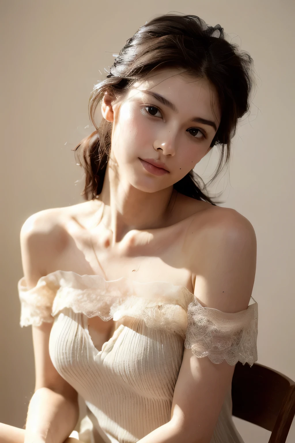 ((Highest quality, 8k, masterpiece: 1.3)), sharp: 1.2, Perfect Body Beauty: 1.6, ((Layered Hairstyles, Small : 1.0)), ((forest)), (((Rough ponytail))), (( swelling)), ((Sheer asymmetrical lace dress)), ((Off-the-shoulder dress)), ((necklace)), Earrings, ring, Bracelet, Hair Accessories, ((Beautiful young woman in her 20s)), ((Straight nose)), (Eyeliner), Armpit Hair, Bristles, ((Beautiful Skin)), ((Sitting on a chair with legs aligned)), Wavy Hair, Beautiful attention to detail, Super detailed, Highly detailed face and skin texture, fine grain, double eyelid, Black Hair, Big , Lower Body, Thighs, (((Skinny))), Wet and shiny lips, smile, Blushing, Get a grip on your body, ((Anatomically correct human body)), ((Crisp body shape)), Ribs, clavicle, Protruding skeleton, A face without nasolabial folds, Shyness, Thin eyebrows