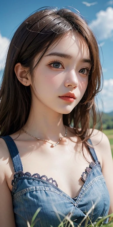 (masterpiece: 1.2, Portraiture, Highest quality), Realistic, (Live Action, Intricate details, Written boundary depth), Highest quality, masterpiece, Attention to detail, semi-Realistic, Sleeping on the grass, shy, 21 years old, Short Blonde, blue eyes, Blonde、 Slim figure、Shoulder Bare、short pants 、Blue sky and a few clouds