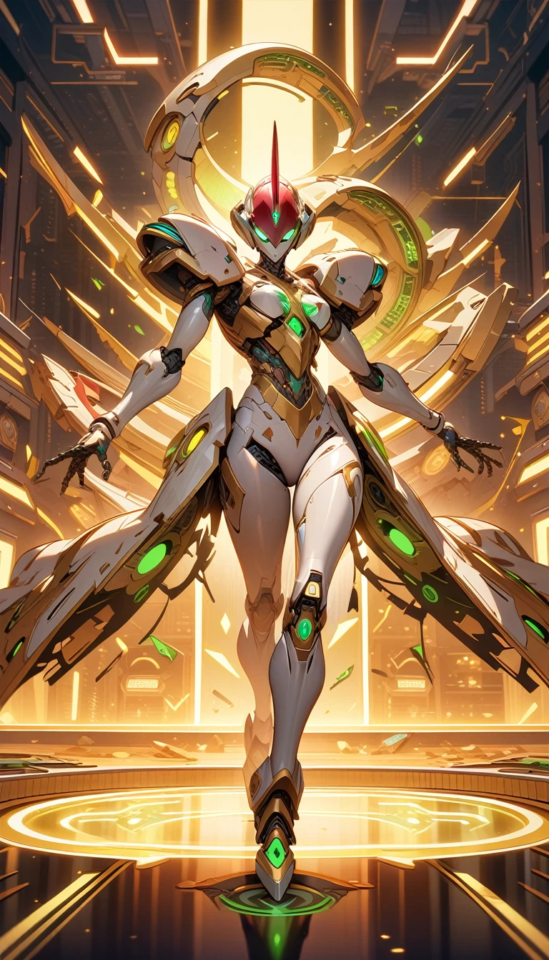 ((best quality)) , ((masterpiece)) , (detailed),Illustration of a Hearthstone card game character, a lizard in a white suit with a red mohawk dancing on a golden dance floor, with yellow lights and green decorations in the background, in the style of a cartoon.cybernetic robot. android, AI, machine, metal, wires, tech, futuristic, highly detailed