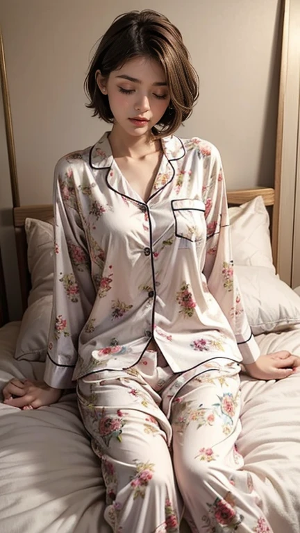 Sleepy girl, 22 years old, Realistic, She wears a short, She is wearing floral pajamas, short hair.
