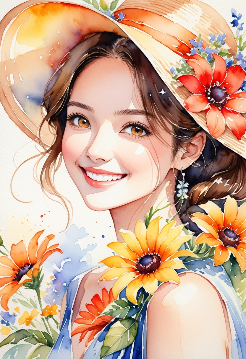 This is a very detailed watercolor painting, depicting flowers reminiscent of summer and a woman with a beautiful smile.