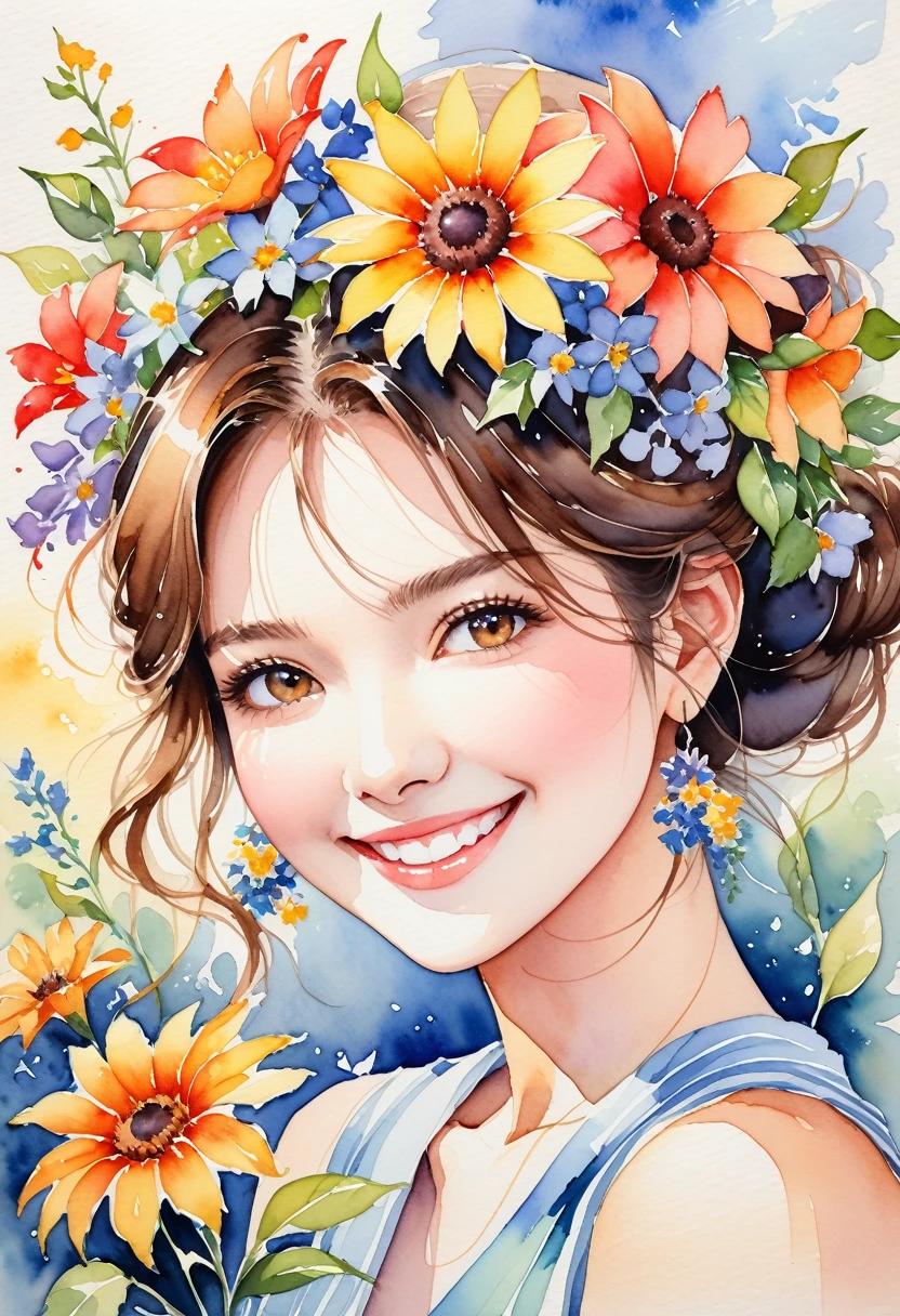 This is a very detailed watercolor painting, depicting flowers reminiscent of summer and a woman with a beautiful smile.