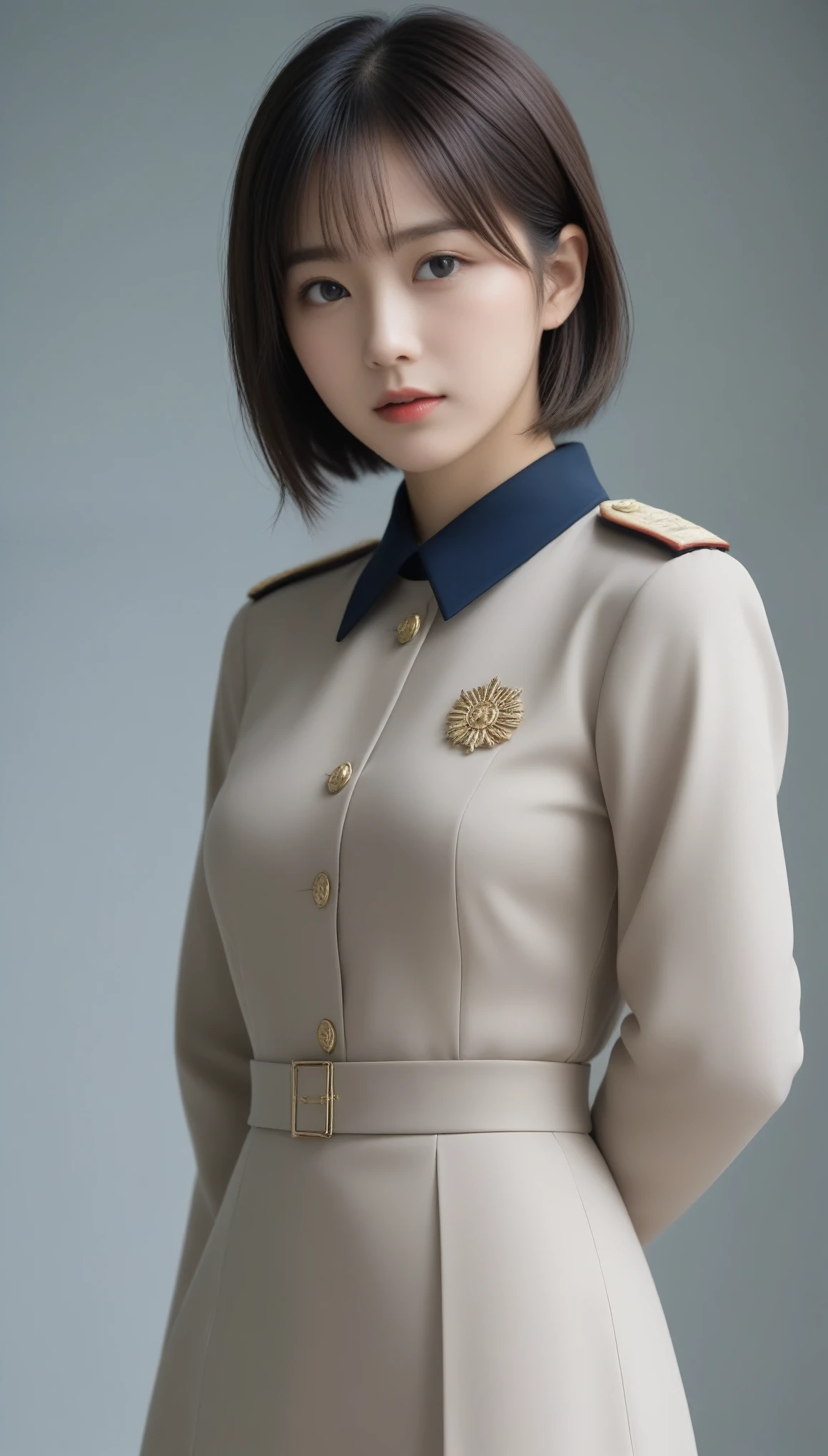 8k, Ultra-high resolution, Highest quality, masterpiece, 三分割法によるphotograph,Surreal, photograph, 1 Girl, (:1.3), pretty girl, Cute Face, Beautiful eyes in every detail, 細かくdetailedに,masterpiece,One Girl:1.2,Japanese female officer,Superior non-commissioned officer,full body,furious,glaring,Black short hair,Bob with bangs, (The finest ceremonial attire:1.3),Pencil Skirt,Military clothing,Nazi SS uniform,HUGO BOSS,Sharp contours,Looking down,Gray background, Light from above, Low contrast, (Side view),Perfect and beautiful face ,完璧でCute Face, Skin with attention to detail, Perfect limbs、Narrow waist,Looking at the audience,(((Ideal body type))),A cup small breasts :2,Portraiture:2,Perfect Anatomy,鮮明なdetailed,detailed,Surreal,Light and shadow,glowing