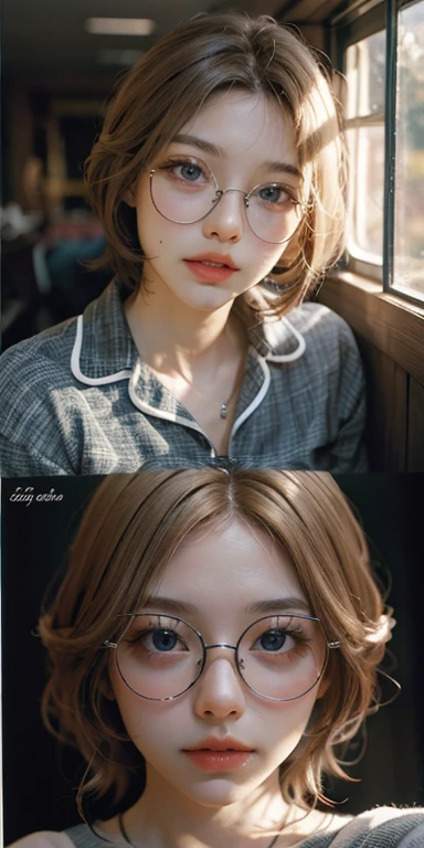 (masterpiece: 1.2, Portraiture, Highest quality), Realistic, (Live Action, Intricate details, Written boundary depth), Highest quality, masterpiece, Attention to detail, semi-Realistic, Sleeping in bed, shy, 21 years old, Short Blonde, blue eyes, pajamas, Slim figure、Dark Room、Reading while wearing glasses