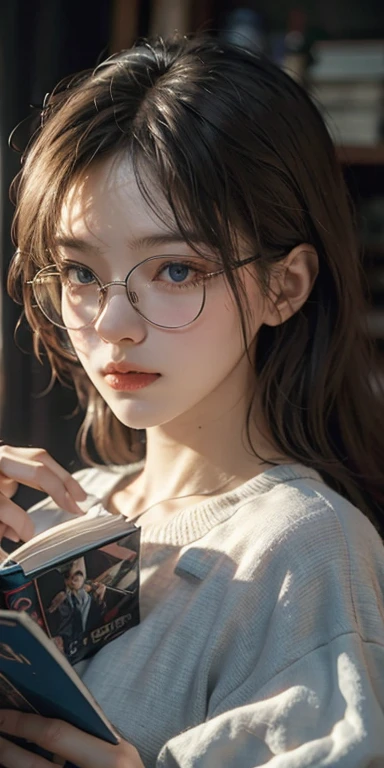 (masterpiece: 1.2, Portraiture, Highest quality), Realistic, (Live Action, Intricate details, Written boundary depth), Highest quality, masterpiece, Attention to detail, semi-Realistic, Sleeping in bed, shy, 21 years old, Short Blonde, blue eyes, pajamas, Slim figure、Dark Room、Reading while wearing glasses