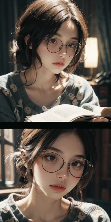 (masterpiece: 1.2, Portraiture, Highest quality), Realistic, (Live Action, Intricate details, Written boundary depth), Highest quality, masterpiece, Attention to detail, semi-Realistic, Sleeping in bed, shy, 21 years old, Short Blonde, blue eyes, pajamas, Slim figure、Dark Room、Reading while wearing glasses