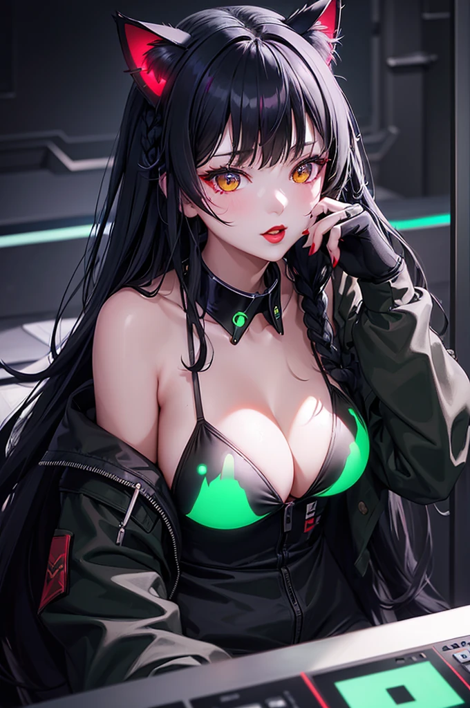 Detailed facial details，girl,Red lips，Cat ear，Black long hair，Large Breasts，Collar，Radiant Skin，Wearing a military green camouflage bikini，在俱乐部做 DJ 的girl，Cyberpunk, White and blue gradient braided long hair flashing lights, Neon holographic transparent office sitting next to DJ equipment，Glass