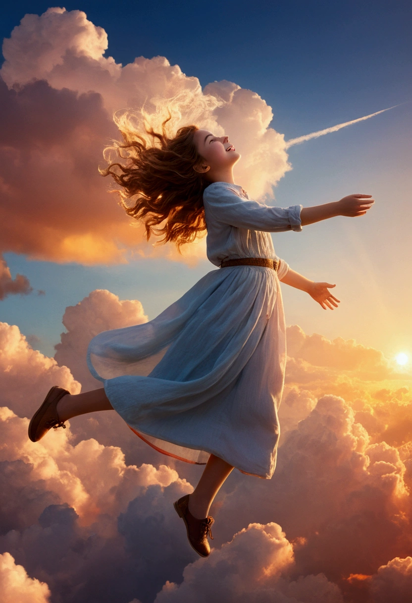 masterpiece, Highest quality, Movie stills, One girl, Cloud Girl, Floating in the sky, close, bright, Happy, Warm and soft lighting, sunset, (spark:0.7)