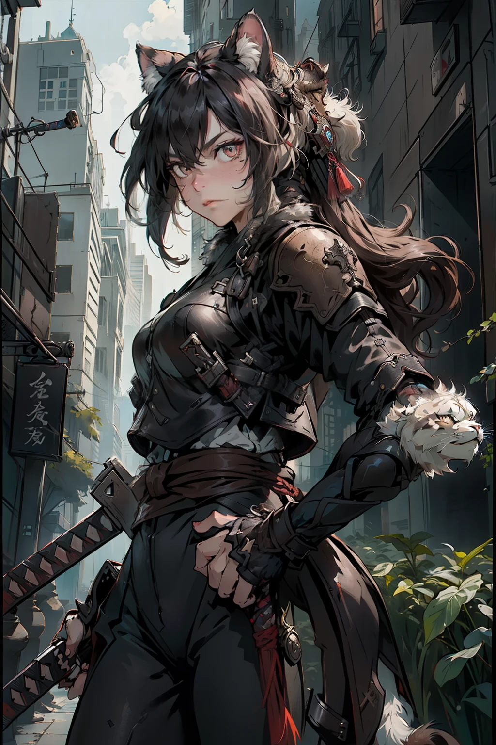 Half-human, half-feline beast, dexterous, light brown fur with dark spots, coffe eyes, wearing black leather armor, wielding a katana, in a city setting, determined expression, focused on finding a deity.