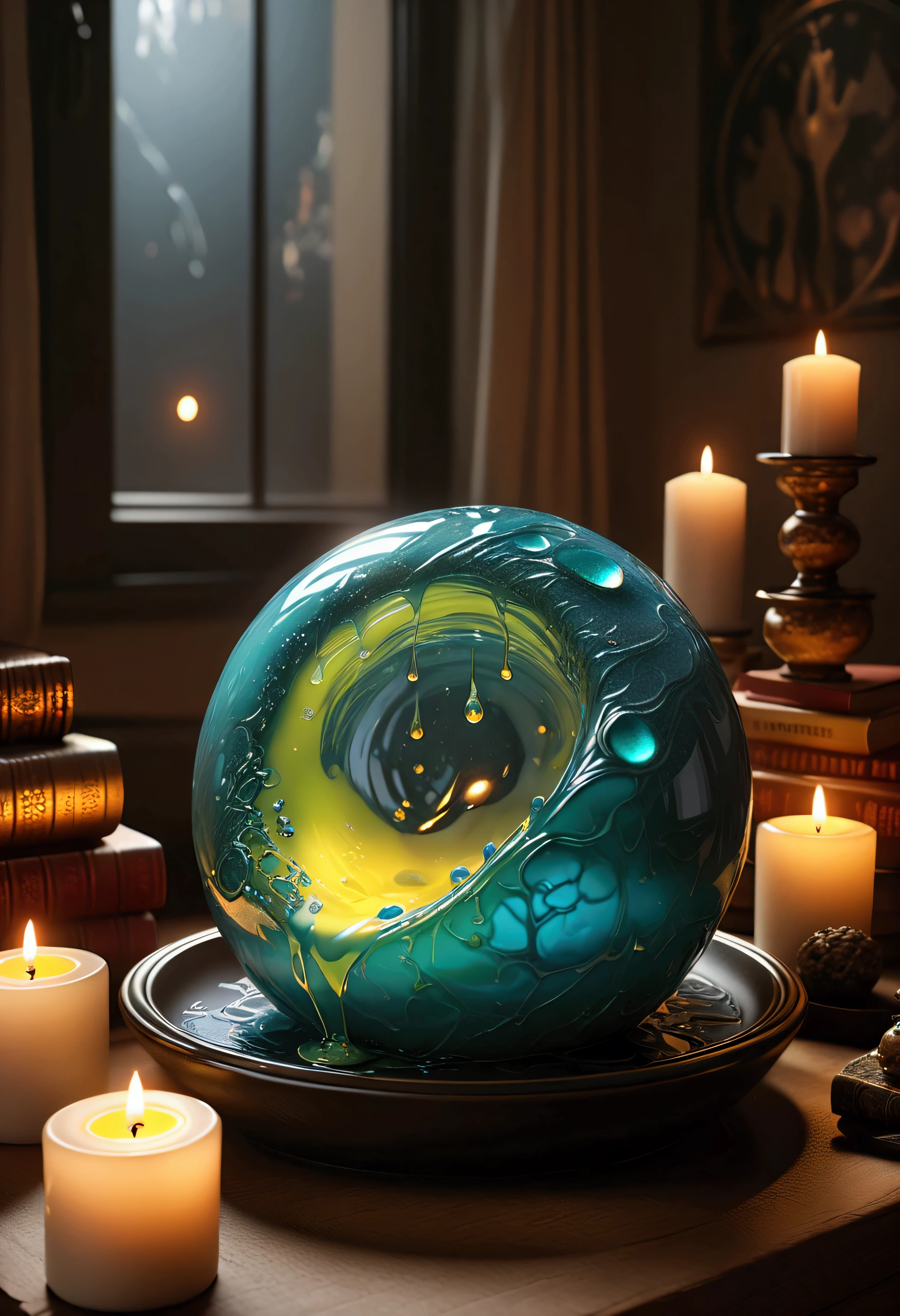 ((Masterpiece in maximum 16K resolution):1.6),((soft_color_photograpy:)1.5), ((Ultra-Detailed):1.4),((Movie-like still images and dynamic angles):1.3). | (Macro shot cinematic photo of beautiful Mage's magical Slime), (Beautiful Mage), (magical slime), (focus on the magical Slime), (macro lens), (exotic antiques), (Dark Candles), (luminous object), (Mysterious atmosphere), (shimmer), (aesthetic Oracle accesories), (visual experience),(Realism), (Realistic),award-winning graphics, dark shot, film grain, extremely detailed, Digital Art, rtx, Unreal Engine, scene concept anti glare effect, All captured with sharp focus. | Rendered in ultra-high definition with UHD and retina quality, this masterpiece ensures anatomical correctness and textured skin with super detail. With a focus on high quality and accuracy, this award-winning portrayal captures every nuance in stunning 16k resolution, immersing viewers in its lifelike depiction. | ((perfect_composition, perfect_design, perfect_layout, perfect_detail, ultra_detailed)), ((enhance_all, fix_everything)), More Detail, Enhance.
