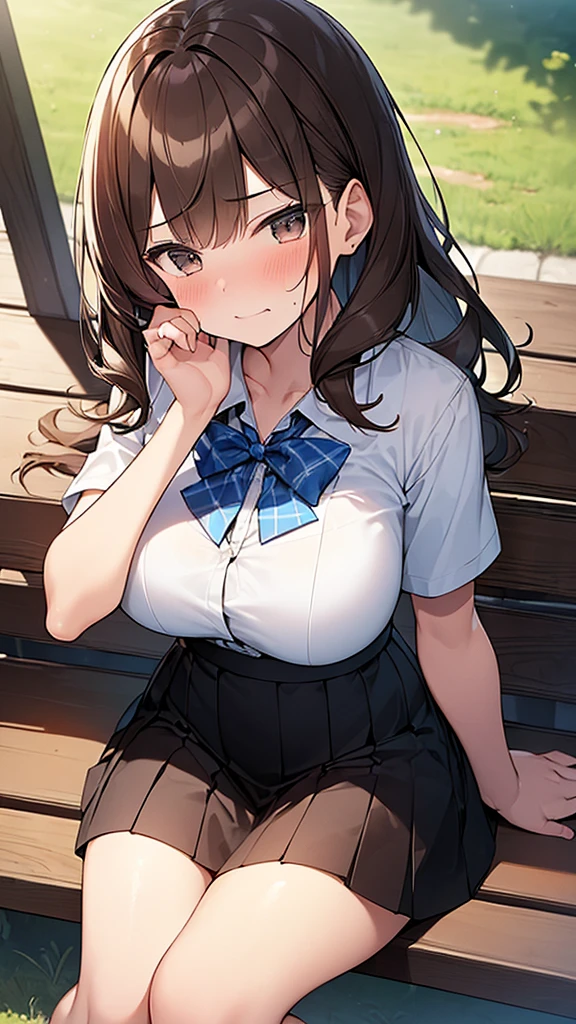 (Masterpiece, Top quality: 1.5), from above, (1 girl, solo :1.2),  (large breasts:1.4), cleavage:1.3, (short sleeve shirt, Pleated skirt:1.4), standard weight, ( brown hair:1.4), (airy hair, wavy hair:1.3), long hair ,asymmetry bangs, swept bangs, , angry:1.2, (flustered:1.4), beautiful scene of outdoor , dynamic pose, magnificent panorama view, sitting on the chair