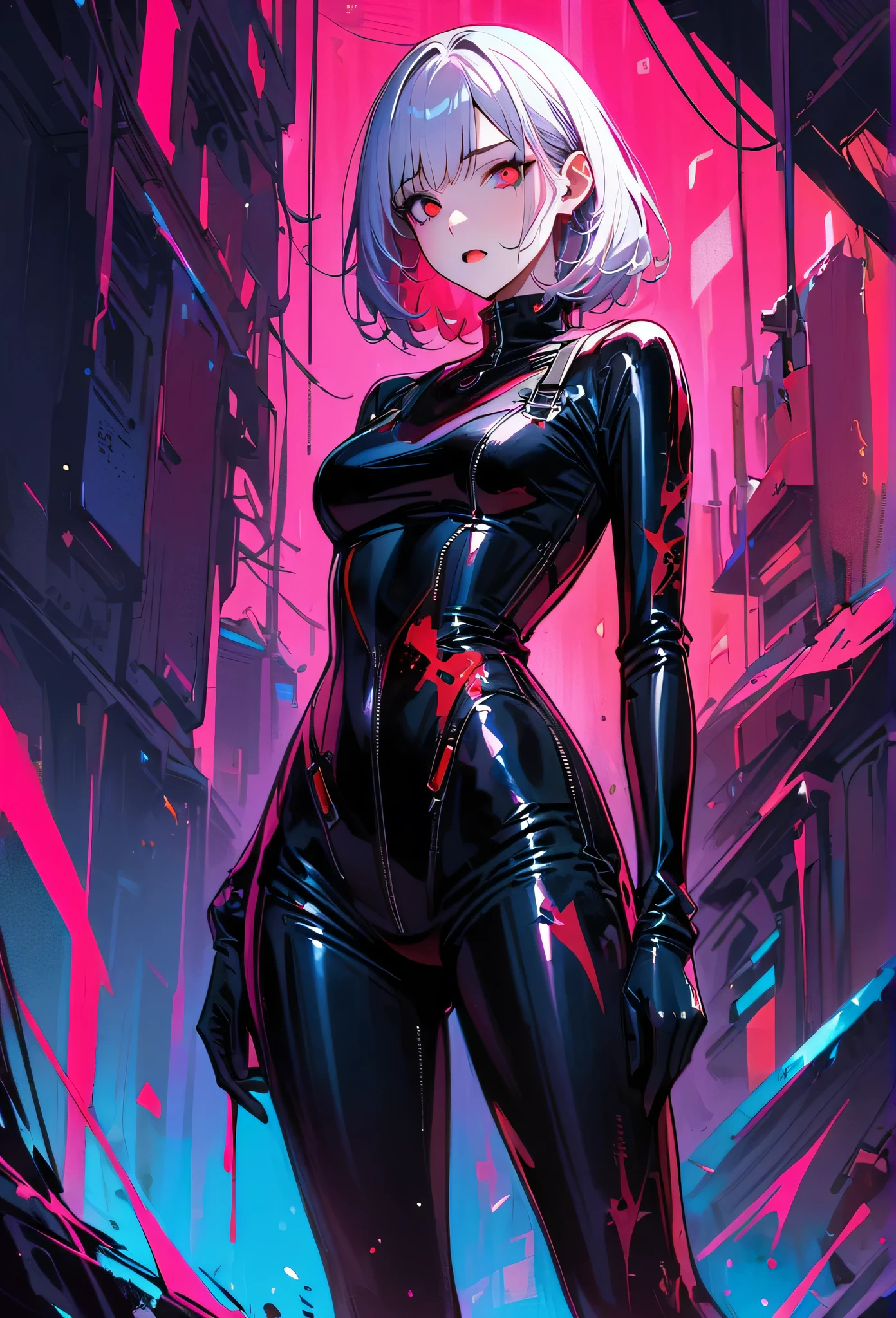 masterpiece， Best quality， 8 K， digital painting， 1 girl， One， get up， youth， White hair， длинные White hair， hair accessories， Red eyes， round pupils， impassive facial expression， blood stains， Mechanical parts， electrical wire， cable， The effect of failure， terrifying， Science fiction， Futuristic， Dark inside background， neon lights， Cyberpunk Characters， Surreal， strange， alarming， Chilling， terrifying， overalls，Red eyes，Poison Obsession，blackened，Long black gloves，One-piece trousers，tight latex bodysuit，Emphasize her graceful figure,Wrap your whole body，symbiont，（（raised sexy）），overalls，Red eyes，Poison Obsession，blackened，Long black gloves，One-piece trousers，Black latex clothing，Blood-Red eyes，Best quality, a high resolution, super detailed, Bright textures, a mask, tight latex bodysuit, bang,purple hair, Blue eyes
