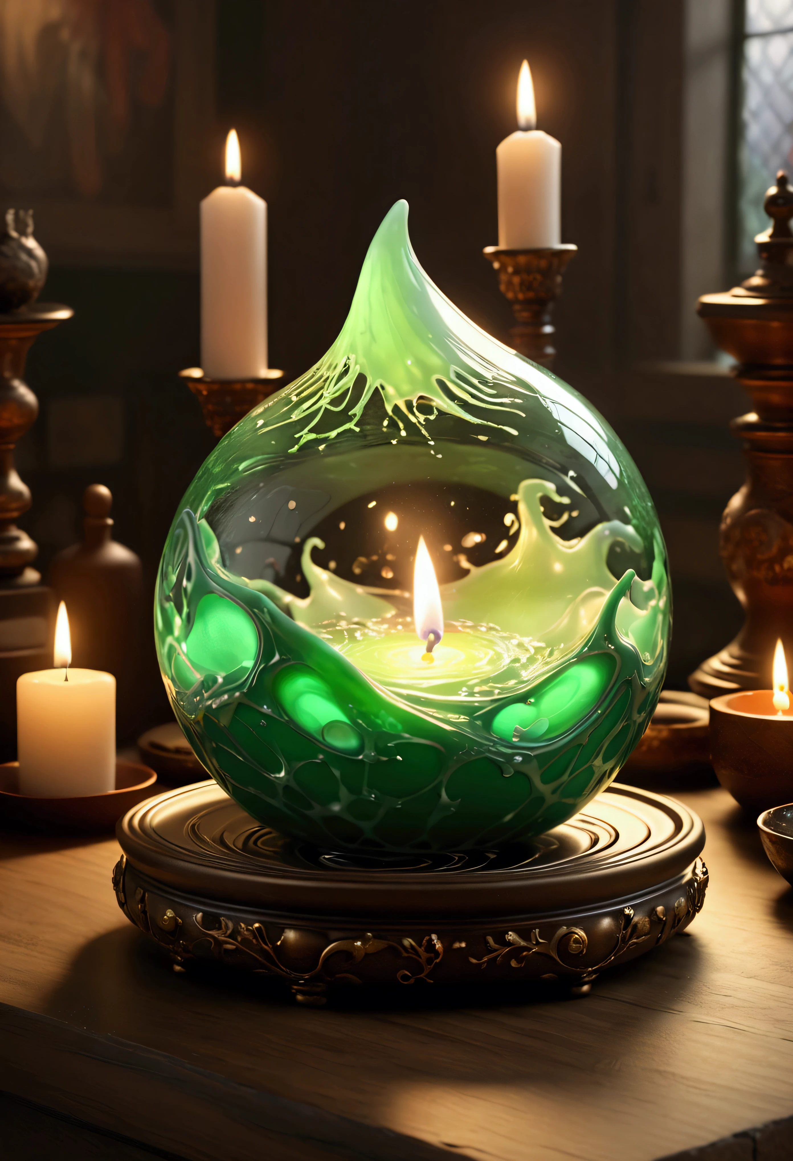 ((Masterpiece in maximum 16K resolution):1.6),((soft_color_photograpy:)1.5), ((Ultra-Detailed):1.4),((Movie-like still images and dynamic angles):1.3). | (Macro shot cinematic photo of beautiful Mage's magical Slime), (Beautiful Mage), (focus on the magical Slime), (macro lens), (exotic antiques), (Dark Candles), (luminous object), (Mysterious atmosphere), (shimmer), (aesthetic Oracle accesories), (visual experience),(Realism), (Realistic),award-winning graphics, dark shot, film grain, extremely detailed, Digital Art, rtx, Unreal Engine, scene concept anti glare effect, All captured with sharp focus. | Rendered in ultra-high definition with UHD and retina quality, this masterpiece ensures anatomical correctness and textured skin with super detail. With a focus on high quality and accuracy, this award-winning portrayal captures every nuance in stunning 16k resolution, immersing viewers in its lifelike depiction. | ((perfect_composition, perfect_design, perfect_layout, perfect_detail, ultra_detailed)), ((enhance_all, fix_everything)), More Detail, Enhance.