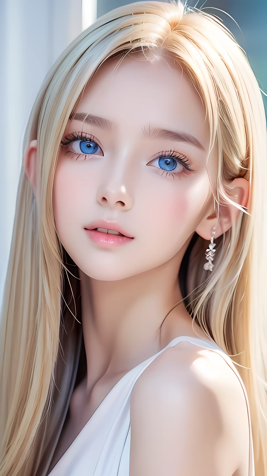 The Shining, clear, White skin、Her windblown blonde hair hides her beautiful face、A stunning 16-year-old blonde beauty、Bangs between the eyes、Cute sexy little beautiful face、Eye-catching, beautiful, super long straight hair、growing up, Large, sparkling, very bright light blue eyes、Long, silky bangs that cover cute eyes, Sexy and cute young woman with super long hair hiding her sexy face、Ultra long platinum hair、Small Face Beauty、Round face、Cheek gloss highlighter、