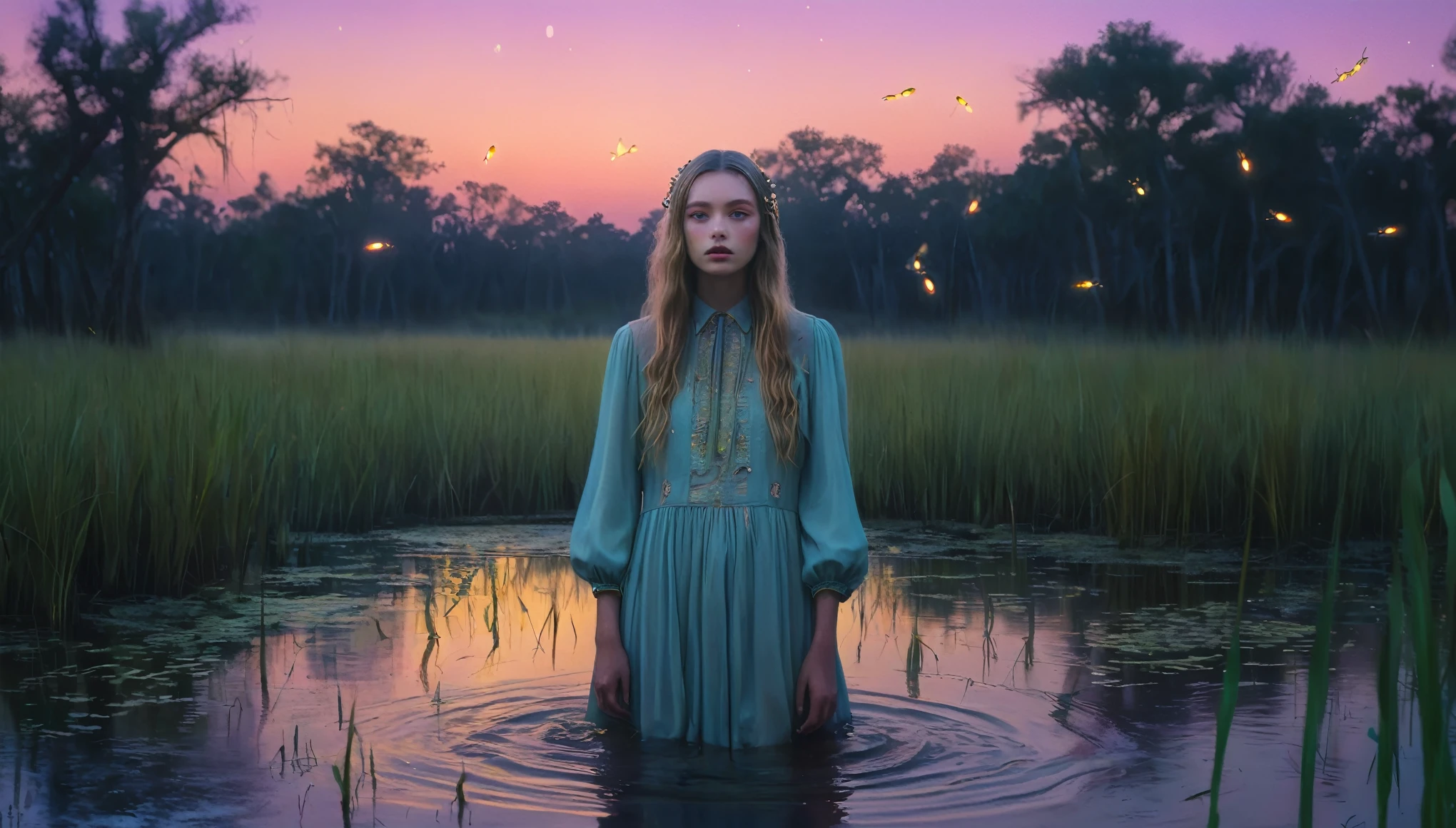 surreal and dreamlike, Ah Puch, portrayed with a haunting expression, standing amidst dark waters in an eerie marshland at dusk, with fireflies illuminating the surroundings., pastel, soft tones, golden hour glow, saturated, pastel, dreamy atmosphere, liquid psychedelic