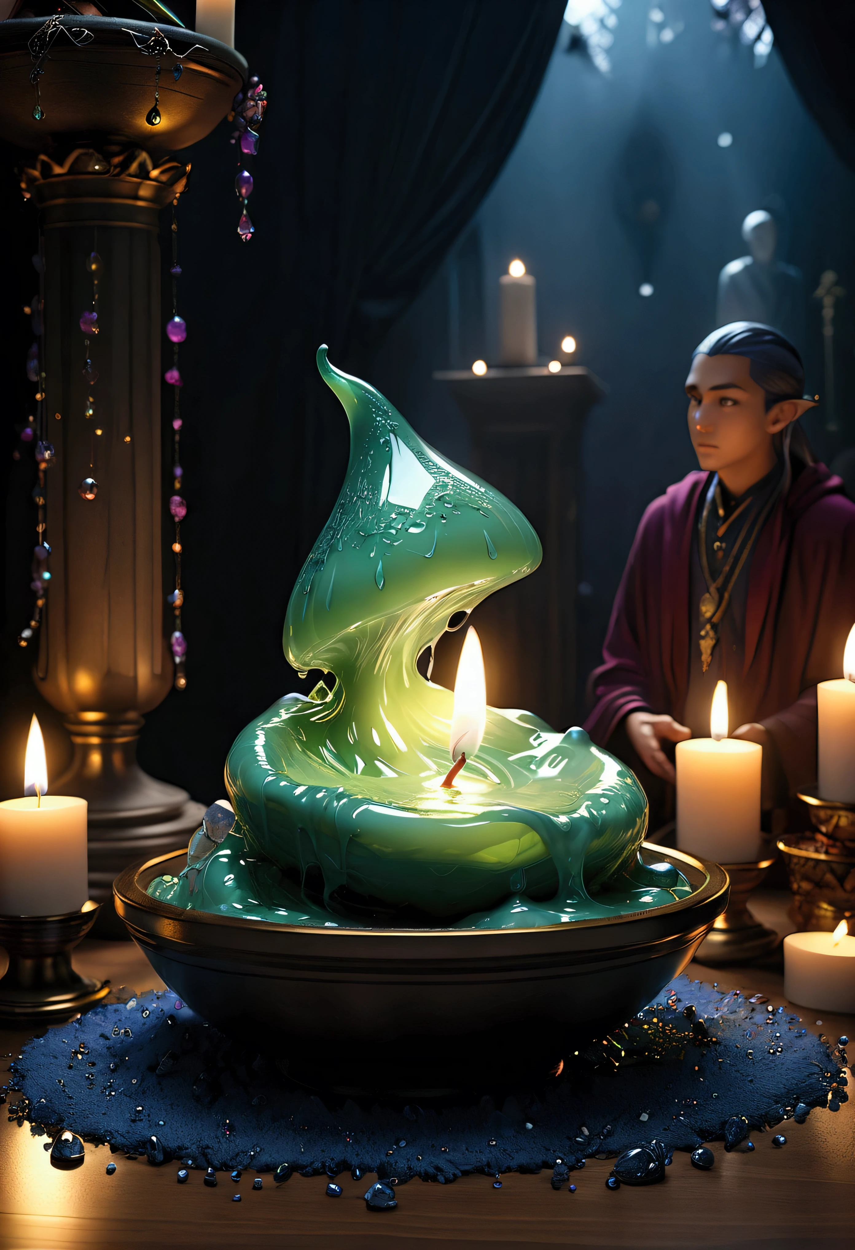 ((Masterpiece in maximum 16K resolution):1.6),((soft_color_photograpy:)1.5), ((Ultra-Detailed):1.4),((Movie-like still images and dynamic angles):1.3). | (Macro shot cinematic photo of beautiful Mage's magical Slime), (Beautiful Mage), (magical slime), (focus on the magical Slime), (macro lens), (exotic antiques), (Dark Candles), (luminous object), (Mysterious atmosphere), (shimmer), (aesthetic Oracle accesories), (visual experience),(Realism), (Realistic),award-winning graphics, dark shot, film grain, extremely detailed, Digital Art, rtx, Unreal Engine, scene concept anti glare effect, All captured with sharp focus. | Rendered in ultra-high definition with UHD and retina quality, this masterpiece ensures anatomical correctness and textured skin with super detail. With a focus on high quality and accuracy, this award-winning portrayal captures every nuance in stunning 16k resolution, immersing viewers in its lifelike depiction. | ((perfect_composition, perfect_design, perfect_layout, perfect_detail, ultra_detailed)), ((enhance_all, fix_everything)), More Detail, Enhance.
