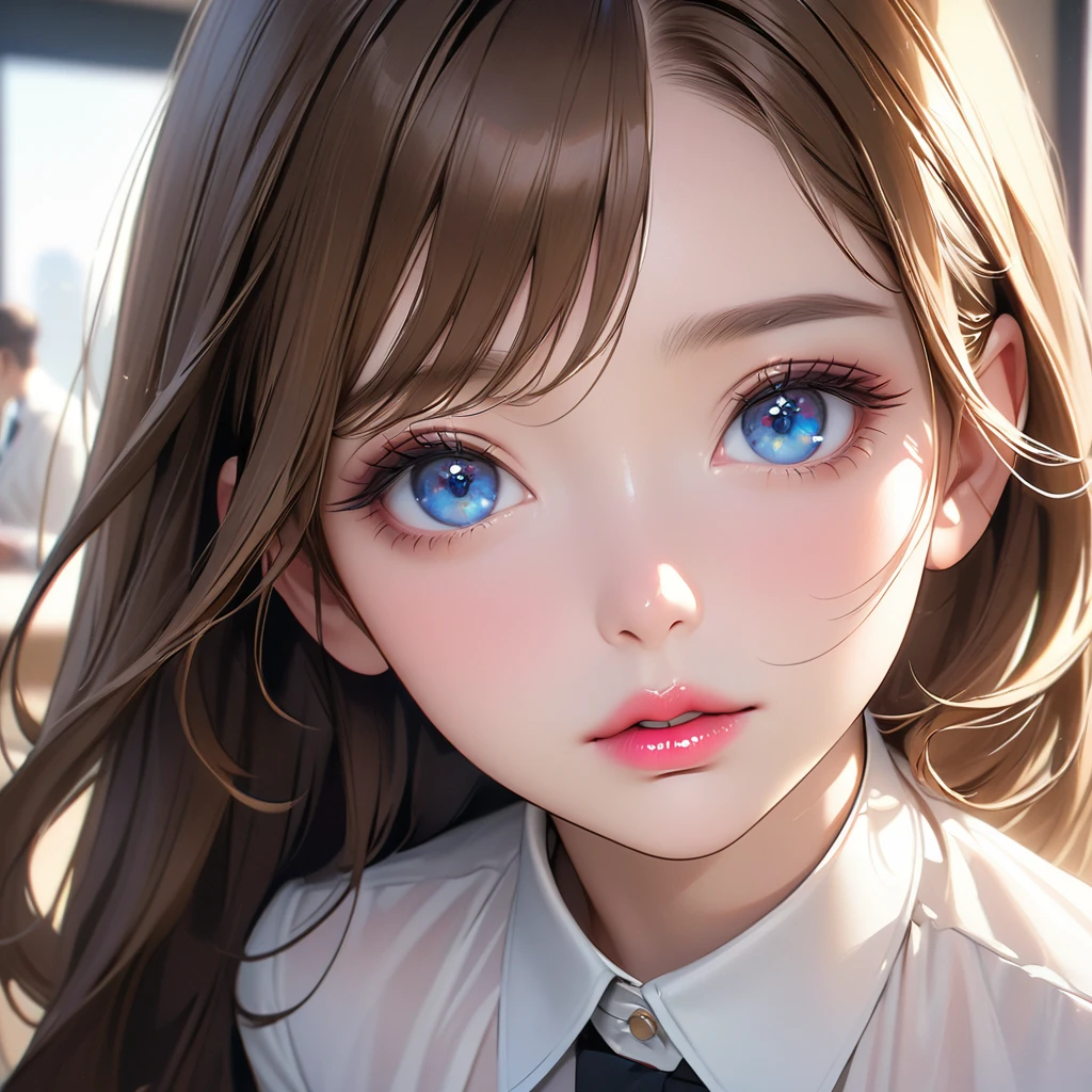 Highest quality, masterpiece, Ultra-high resolution, Realistic:1.2, RAW Photos, Intricate details, Portraiture,　Big beautiful blue eyes:1.2, Perfect contours, Girl, break　((facing viewer,  upturned eyes:1.2)), ((petite, short, tiny girl:1.2)), Brown Hair、Long Hair, (makeup:1.2, parted mouth, full lips:1.3, pink lips:1.2, shiny lips:1.2), ((Top notch receptionist:1.2)), (Light yellow jacket、Luxurious white silk shirt:1.2,  Luxury high heels), BREAK ((I&#39;m sitting at the office reception desk with my chin resting on my hands、folding chair))、Slime on my hands、The reception sign is on the desk., ((The background is the reception desk of a top company., Modern walls、Foliage plant))、