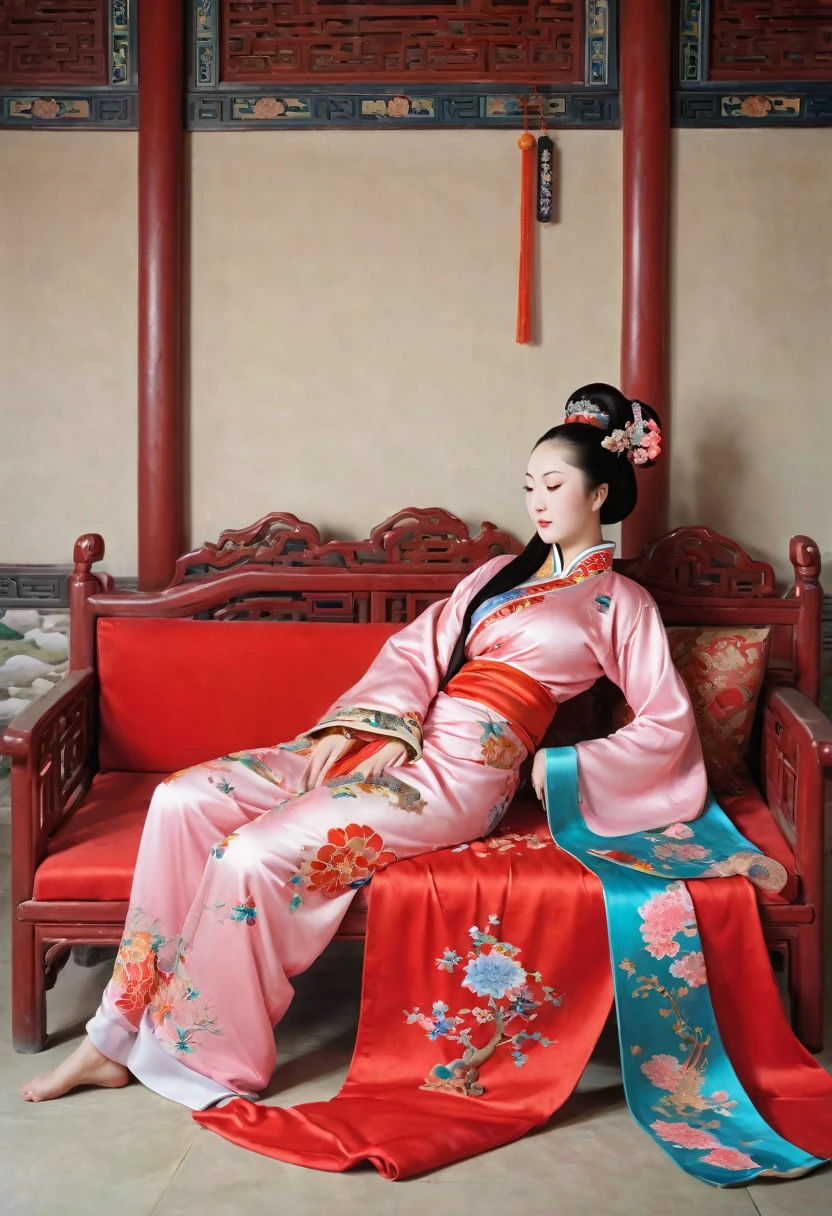 A side view of a Chinese empress, relaxing with her large buttocks sticking out and her legs stretched out. An angle of her buttocks from below. The background is a room in a Chinese palace during the Qing dynasty. She is sleeping in red Hanfu with only her large buttocks sticking out. She is either wearing underwear or not, and her protruding buttocks are floating up.　　　　　　　　　　　　　　　　　　　　　　　　　　　　　　 Her hair is decorated with a large, flashy flower.　 The back of the hair is tied up and up.