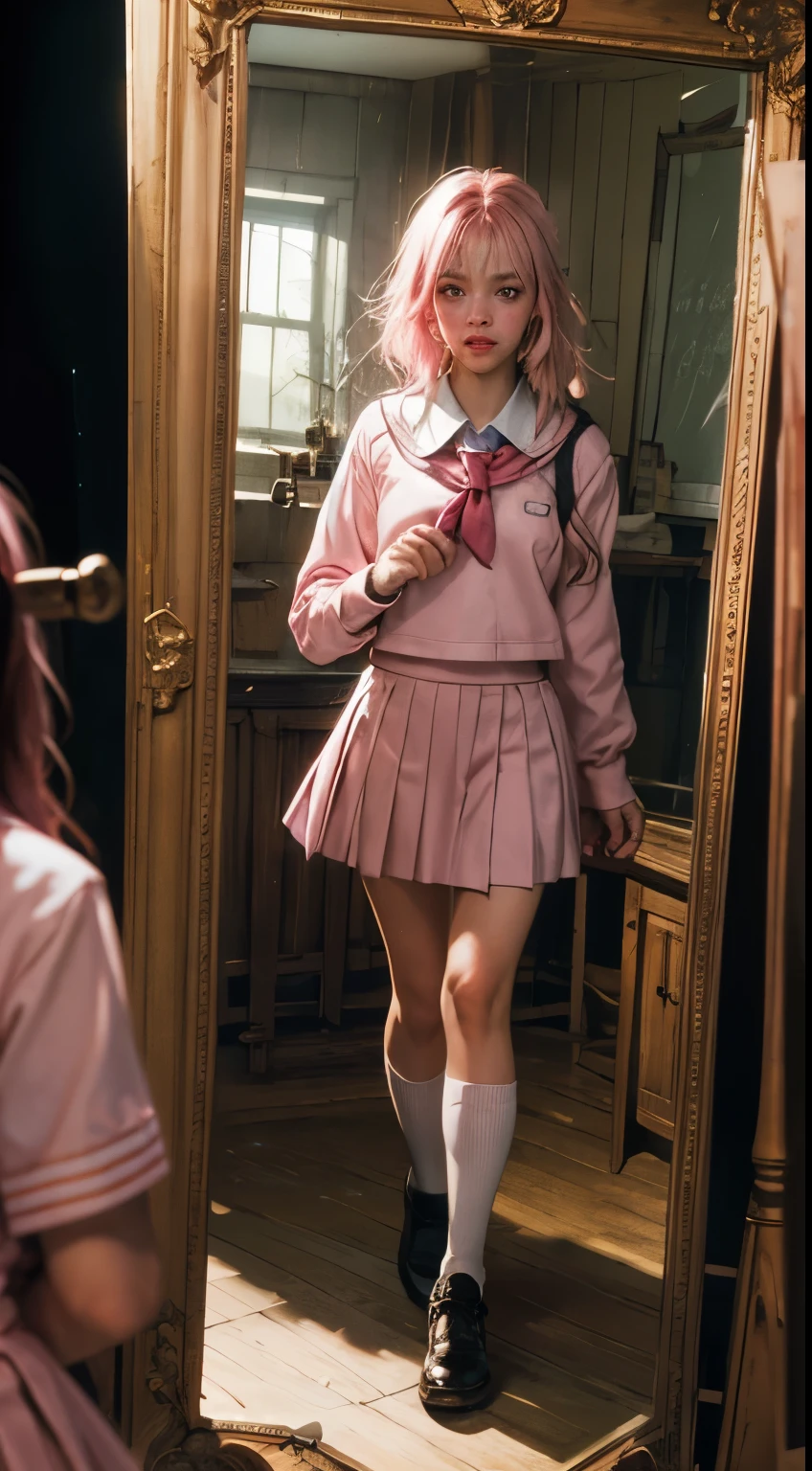 creepy girl, (pink school uniform:1.4), spooky woods, lost in dark wood, (at night:1.2), monsters, glowing eyes, (flawless skin:1.2), DarkWoodsStyle, ((walking through a mirror:1.4))
