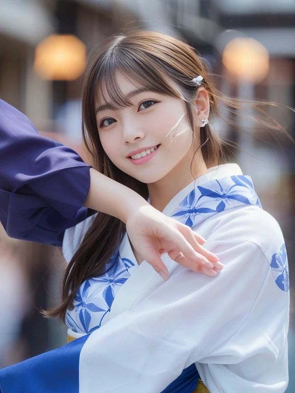 Photo-realistic quality、There is a woman dancing with a smile, Japanese Model, Shot with Canon EOS 5D Mark IV, Japanese Idol, Cute playful pose of the dancer, beautiful japanese girls face, Kimono、looking at the camera、Detailed and beautiful eyes、Cute smile、A soft and gentle look