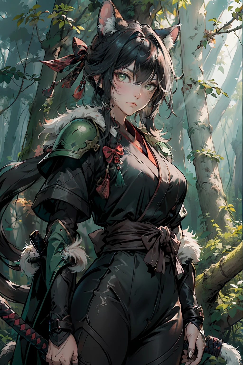 Half-human, half-feline beast, intelligent and charismatic, dexterous, light brown fur with dark spots, green eyes, wearing black leather armor, equipped with a bow and quiver, and a katana, in a forest setting, determined expression, focused on finding a deity.