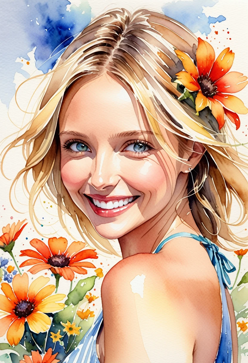 It is a very detailed watercolor painting, depicting flowers reminiscent of summer, and a woman with a beautiful Cameron Diaz-like smile.