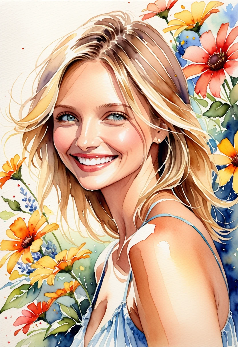 It is a very detailed watercolor painting, depicting flowers reminiscent of summer, and a woman with a beautiful Cameron Diaz-like smile.