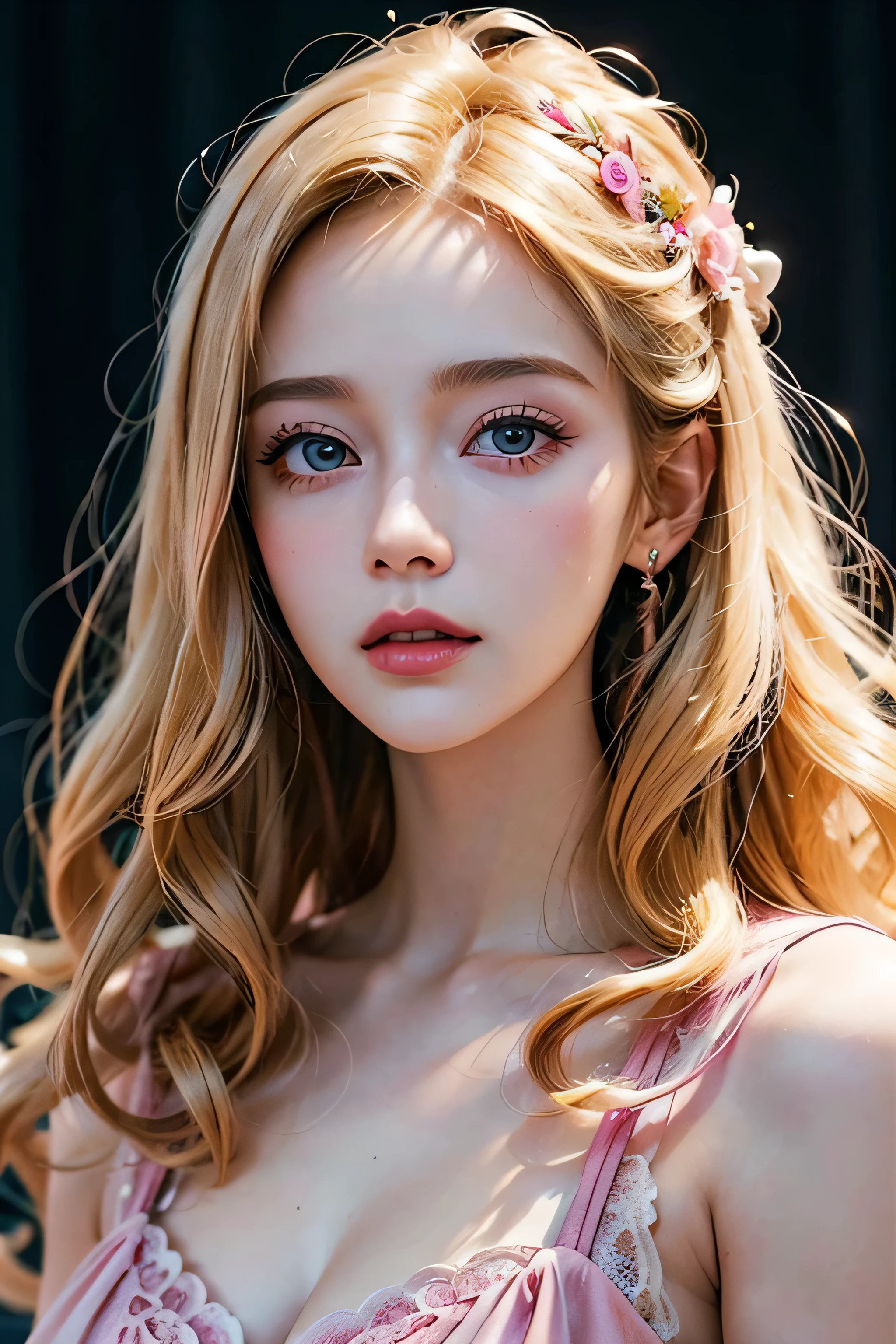 (close up of a beautiful 28 year old girl in a pink vintage dress), movie stock photos, camera f1. 6, saturated colors, Vibrant, lifelike textures, Impressive classic lighting, Modern style, sexy full body photo, Evening, Curly hair has just been dyed light blonde