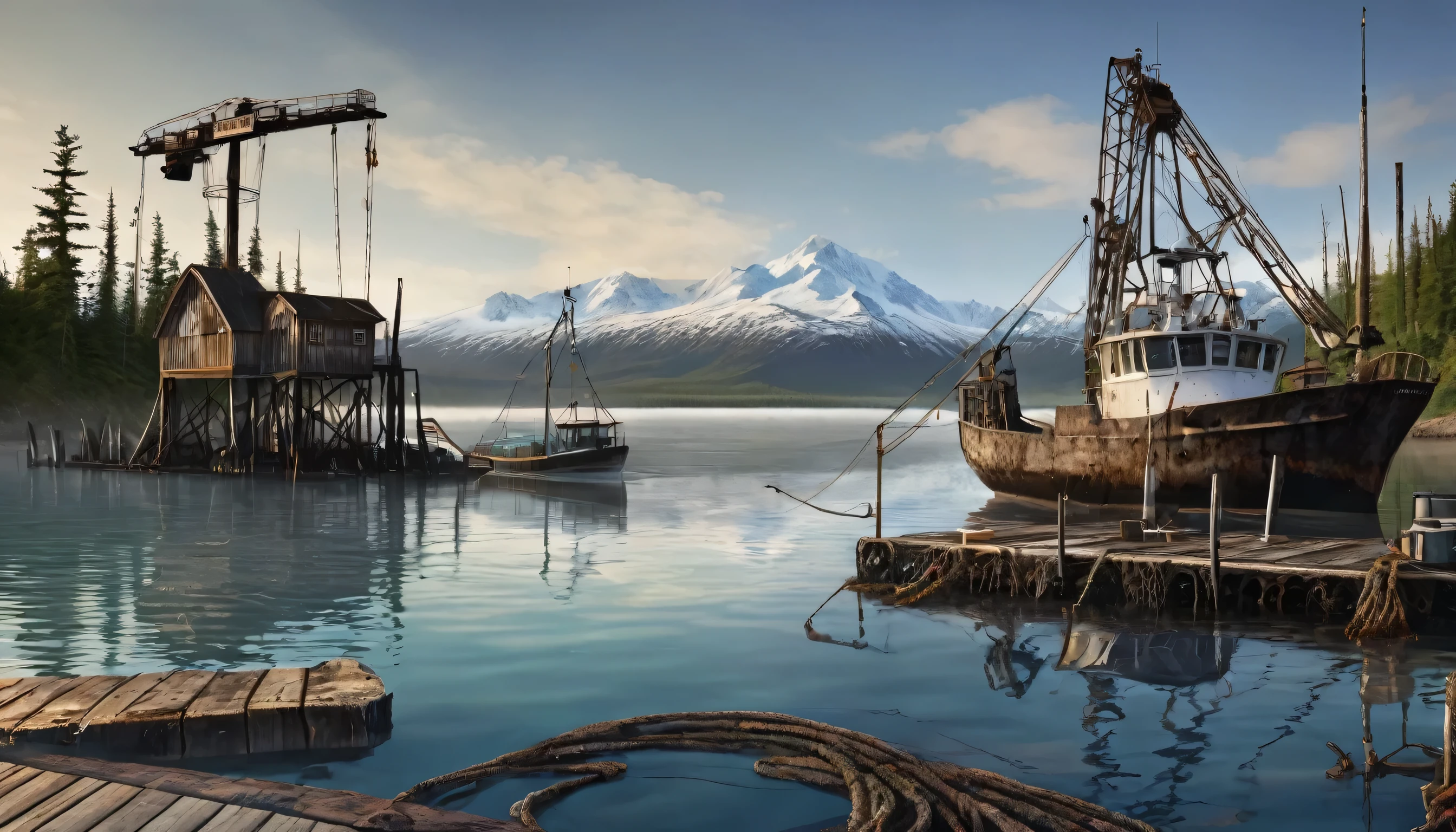  photorealistic scene of an old wooden deck Alaskan port in the early morning.. In the foreground, a monster hunt trophies,.Beside it a torn and empty fishing net hangs from a rusty crane. Reflections in the calm water subtly suggest shapes of marine creatures. A weathered sign reads: 'Marine Protected Area - Preserving Our Natural Heritage'. The scene balances between the rugged beauty of Alaska's wilderness .
