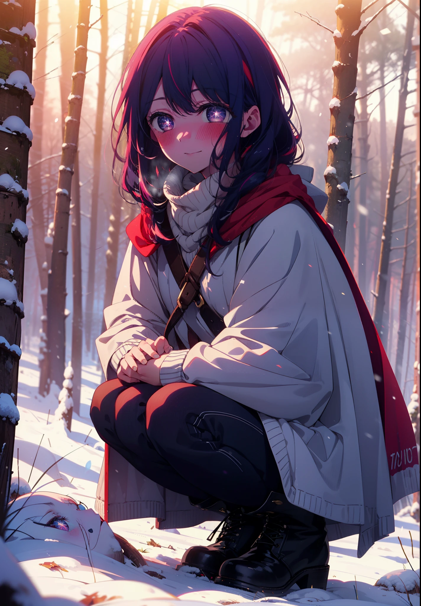 aihoshino, Ai Hoshino, Long Hair, bangs, (Purple eyes:1.1), Purple Hair, (Symbol-shaped pupil:1.5), smile,,smile,blush,white breath,
Open your mouth,snow,Ground bonfire, Outdoor, boots, snowing, From the side, wood, suitcase, Cape, Blurred, , forest, White handbag, nature, Squat, Mouth closed, Cape, winter, Written boundary depth, Black shoes, red Cape break looking at viewer, Upper Body, whole body, break Outdoor, forest, nature, break (masterpiece:1.2), Highest quality, High resolution, unity 8k wallpaper, (shape:0.8), (Beautiful and beautiful eyes:1.6), Highly detailed face, Perfect lighting, Extremely detailed CG, (Perfect hands, Perfect Anatomy),
