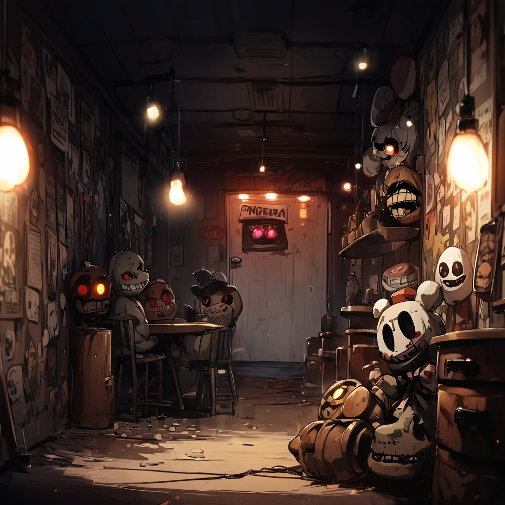 "A photograph of Freddy, Chica, and Bonnie from Five Nights at Freddy's 1, mid-jumpscare, facing the camera with menacing expressions. The background is a dimly lit pizzeria with flickering lights. Shadows cast eerie shapes on the walls, adding to the tense atmosphere. The animatronics are detailed with worn-out textures and glowing eyes. The scene is captured in a low-light setting with a slight motion blur to emphasize the sudden movement. (Taken on: High-speed camera with 