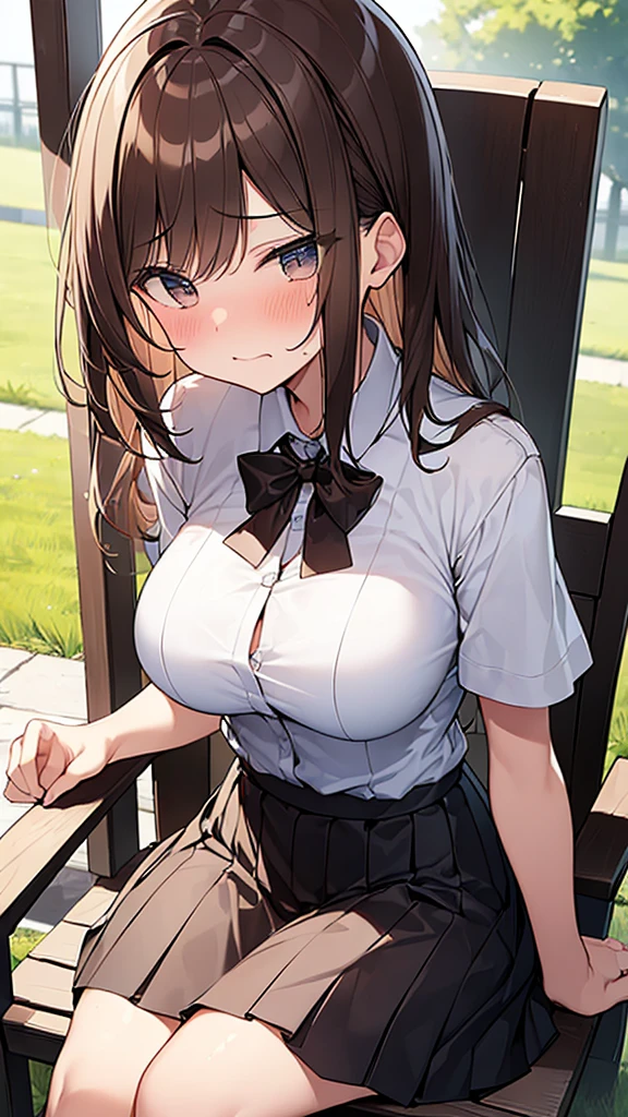 (Masterpiece, Top quality: 1.5), from above, (1 girl, solo :1.2), (large breasts:1.4), cleavage:1.3, (short sleeve dress shirt, Pleated skirt:1.4), standard weight, ( brown hair:1.4), (airy hair, wavy hair:1.3), long hair ,asymmetry bangs, swept bangs, junior high school student, angry:1.2, (flustered:1.4), beautiful scene of outdoor , dynamic pose, magnificent panorama view, sitting on the chair