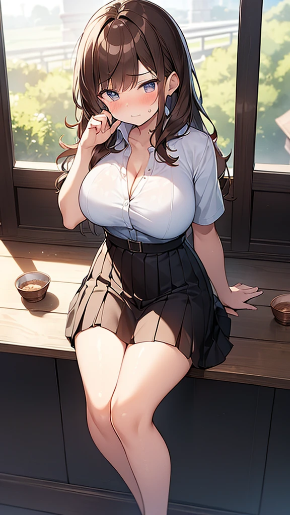 (Masterpiece, Top quality: 1.5), from above, (1 girl, solo :1.2),  (large breasts:1.4), cleavage:1.3, (short sleeve  dress shirt, Pleated skirt:1.4), standard weight, ( brown hair:1.4), (airy hair, wavy hair:1.3), long hair ,asymmetry bangs, swept bangs, junior high school student, angry:1.2, (flustered:1.4), beautiful scene of outdoor , dynamic pose, magnificent panorama view, sitting on the chair