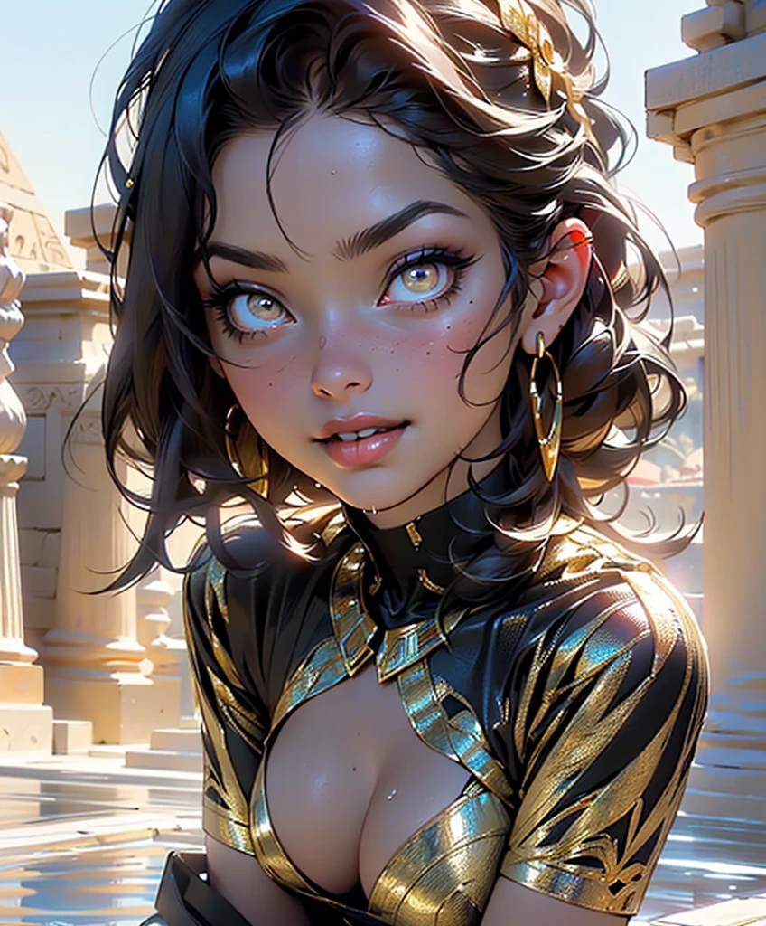 woman from ancient Egypt,1female,((milf,mom,mature,mature woman,45 years old female,adult)),
(large breasts:1.5),saggy breasts,(((black hair:1.4,straight hair,long hair:1.4,colored inner hair))),(((gold_eyes:1.3))),intricate eyes,beautiful detailed eyes,symmetrical eyes,((((dark skin:1.4,lustrous skin:1.5,bright skin: 1.5,skin tanned,shiny skin,very shiny skin,shiny body)))),(spider lower abdomen,narrow waist,wide hip,bimbo body,inflated legs,thick thighs),(((detailed face))),beautiful detailed lips,
(cute,slutty,sensual,seductive look,seductive,((erotic)),opulent,sumptuous,(((nsfw)))),
((egyptian priestess clothes)),revealing clothing,show skin,cleavage,(barefoot,),silk white clothes: 1.3,((white silk:1.3)),((eyeshadow,egyptian makeup,eyelid makeup,gold lips,gold lipstick)),(((Transparent cloth,wet clothes,intricate outfit,intricate clothes,))),
dynamic and seductive pose,looking at viewer,(smirk,beautiful smile),centered,scale to fit dimensions,Rule of thirds,
outdoors,pillars,((pillars background,egyptian palace,egyptian palace background,pyramids in the background)),scenery,extremely scenery,(puddles everywhere,moss,moss on the background), Egypt style,Egypt castle,lily pads,palms,(sunset, golden hour),
(Glossy Egyptian ornaments),highres,sharp focus,(ultra detailed,extremely detailed),(photorealistic artwork:1.37),(extremely detailed CG unity 8k wallpaper),(((vibrant colors,vibrant theme))),(intricate),(masterpiece),(best quality),artistic photography,(photography taken by sldr),(intricate background),perfect rendered face,perfect face details,realistic face,photo realistic,((intricate detail)),(((realism))),