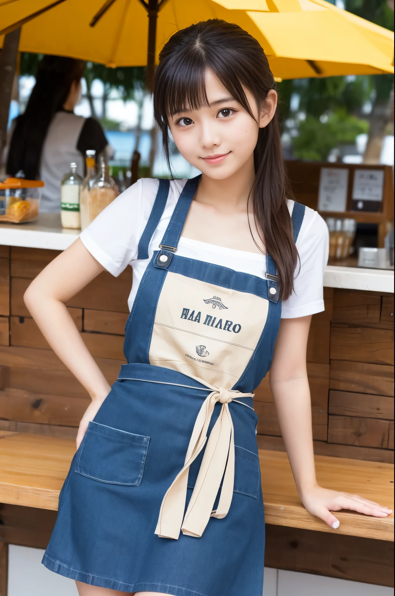 21 years old girl (Japanese cute face) is wearing apron, mini skirt and has fluits drink at the beach bar