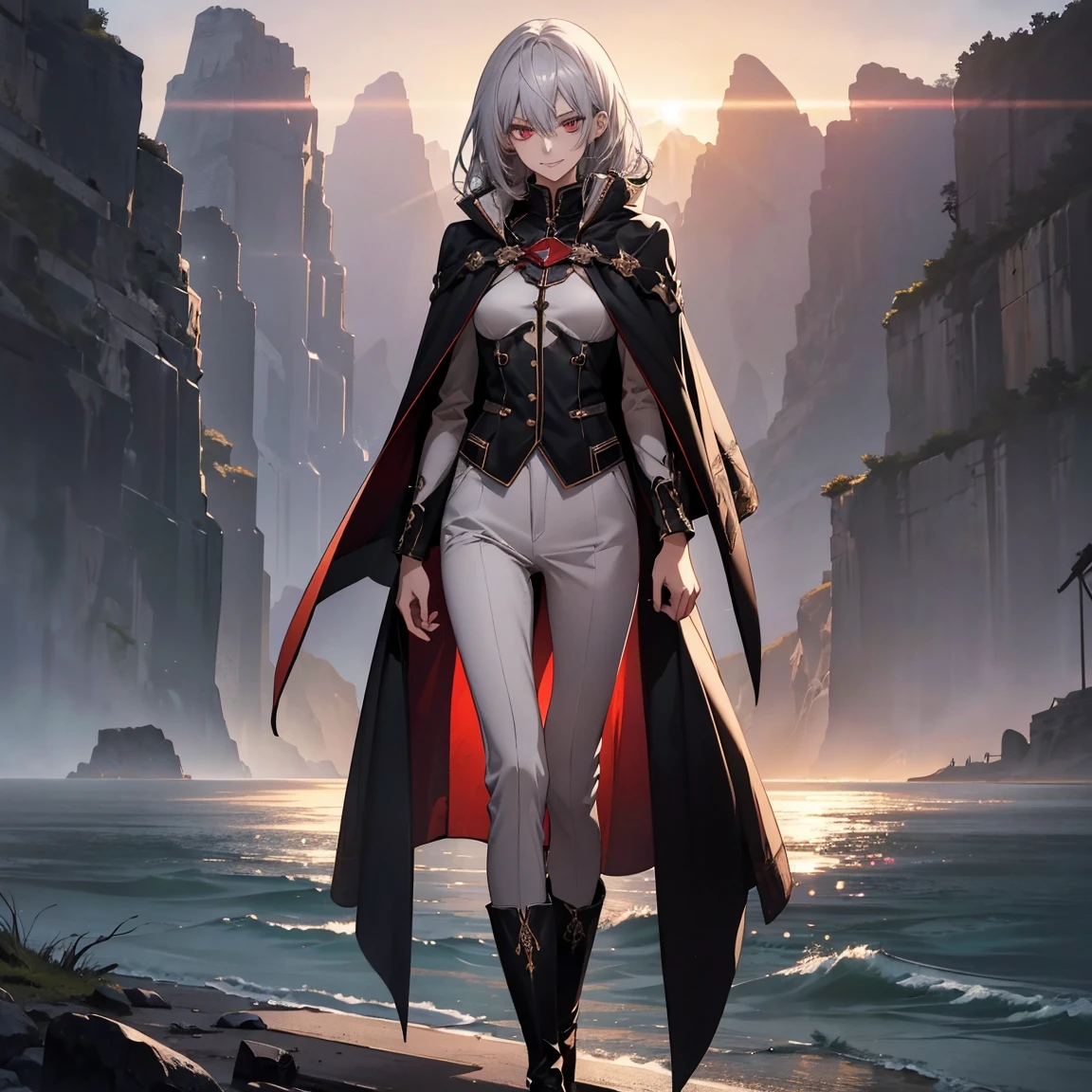 (Confused, High resolution, Very detailed), 1 female, Silver Hair,Shortcuts,Crimson Eyes,uniform,24th generation,beauty,mature,thin,quiet,Calm,A small smile,A kind smile,In front of people you like,Cape coat,Slender and thin,boots,skinny pants,Sea at dawn,Small breasts,