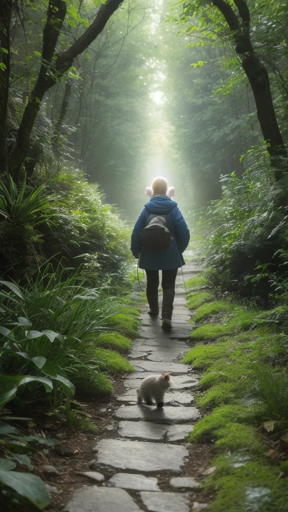 Along the path, the person encounters various small creatures or spirits that emit a gentle light. These creatures symbolize hope and guidance, leading the person towards their goal.