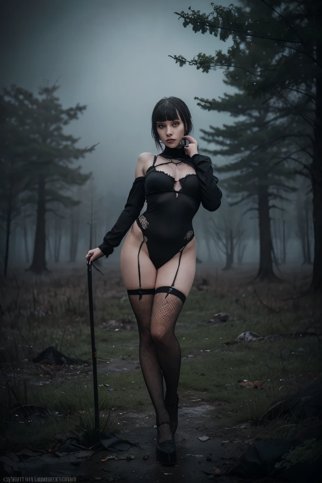 (Best Quality,hight resolution,Masterpiece, full body view:1.2),Ultra-detailed,woman dressed in black fishnet unitard,sickly,standing in a creepy foggy field, fishnet stockings, detailed fishnet unitard, half body shot, intricate high waisted black thong and bra visible through a fishnet unitard, centered subject,gloomy ecstasy,fetish,dark gloomy atmosphere, creepy atmosphere, gritty texture,Retro-atmosphere,warped reality,melancholic expression on his face,mysterious aura,foggy atmosphere,foggy background,Subtle color palette,provocative pose,Strong emotions,Coming Out of the Depths of Despair,Piercing gaze,intense shadows,Plunged in Darkness,dark industrial aesthetic,ominous vibe,A supernatural sensation,Loss of Place in Time and Space,Eerie silence.asymmetrical bangs, freckles, black short hair, Bangs, freckles, gray eyes,
