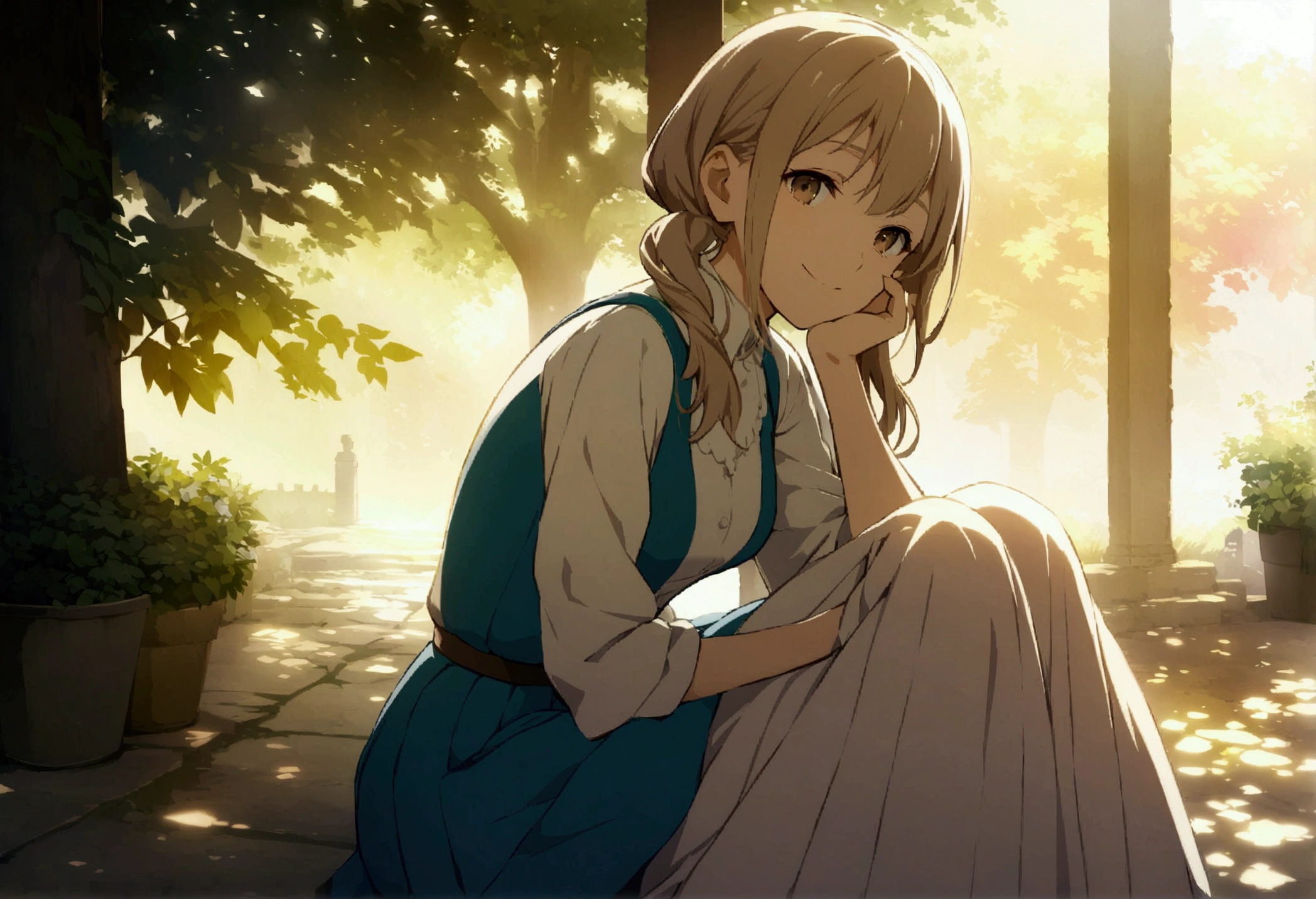 Highly detailed CG Unity 8k wallpaper), Outdoor Garden,Beautiful young woman in sunny weather, Smiling,skirt, sit, full_body, dramatic, バックLight, Light, Volumetric Lighting, Delicate face, Simple Background