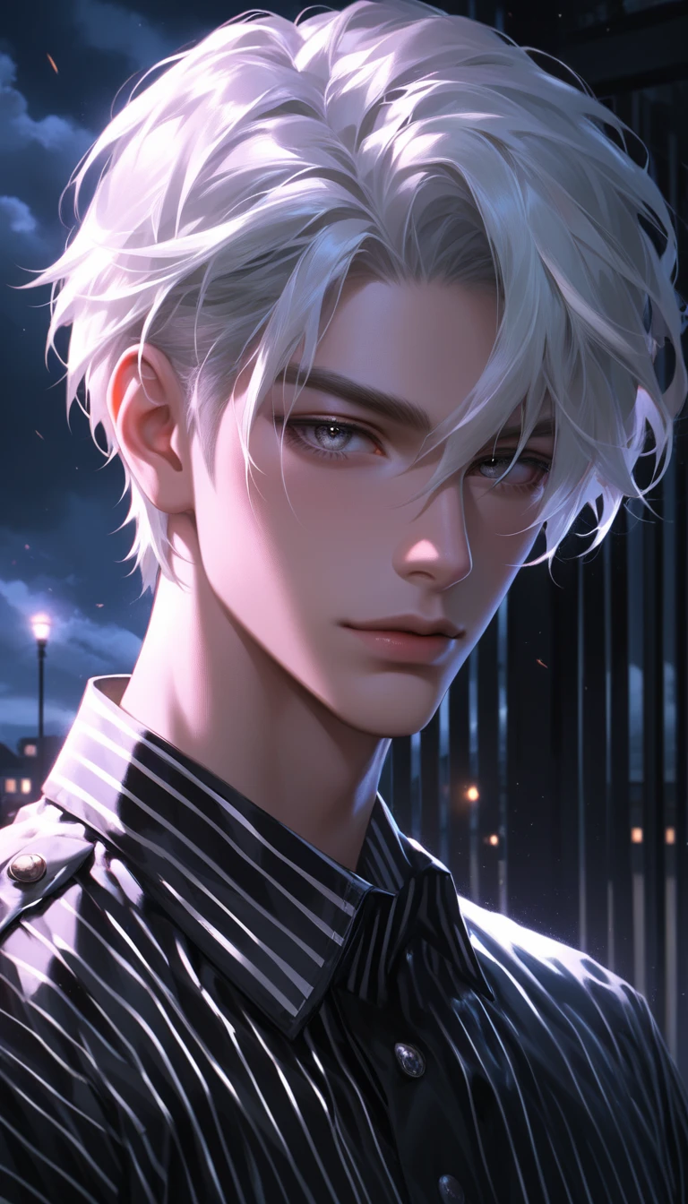 (8k, RAW photos, best quality, masterpiece: 1.4), (((Boy examining himself)))，Ultra-high resolution, Extremely detailed, Dim Lights, Upper body close-up, handsome boy, black eyes, (delicate eyes, Eyes are bright:1.2), Gray short hair, Fair skin,dark, Black and white striped prison uniform,Black and white striped prison pants,(perfect anatomy:1.2), High-quality shadows, Natural Lighting, (White highlights:1.2), night, cloudy day, (Dimly lit cells:1.2), (Metal walls all around:1.2)