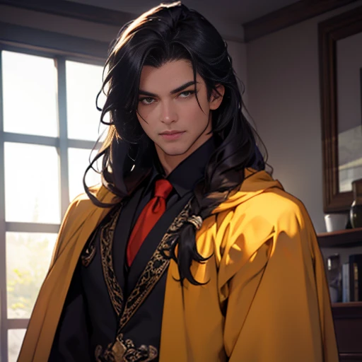 (Very detailed CG ユニティ 8k 壁紙,masterpiece, Highest quality, Very detailed),(Best lighting, Best Shadow, Very delicate),good looking ,Roleplaying、Small eyes、Long Hair、Fantasy style clothing、Yellow clothes、Yellow Cape、Black Hair、Yellow bandana on head、(((Muscular)))、