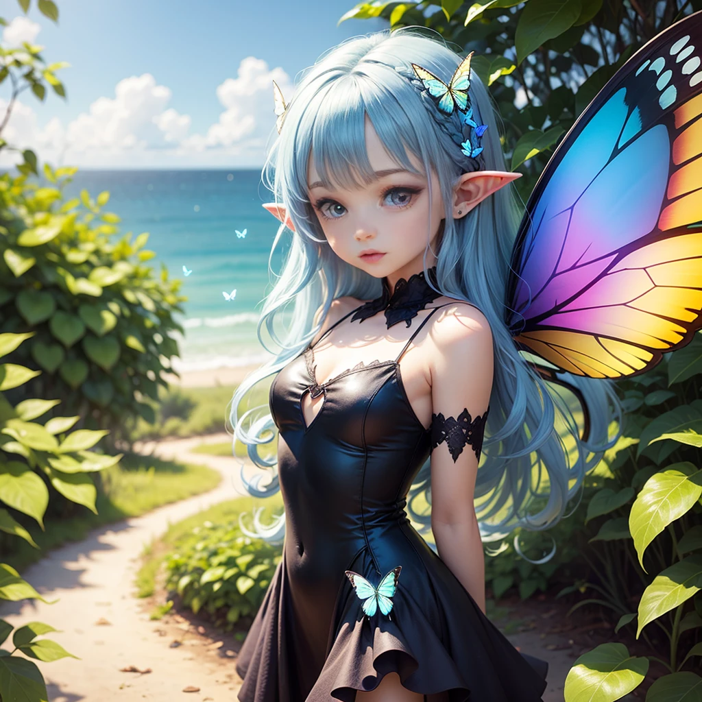 cute little fairy rainbow hair sparkling pointy ears sunlight dress made of leaves transparent wings beautiful blue butterfly big flower leaves