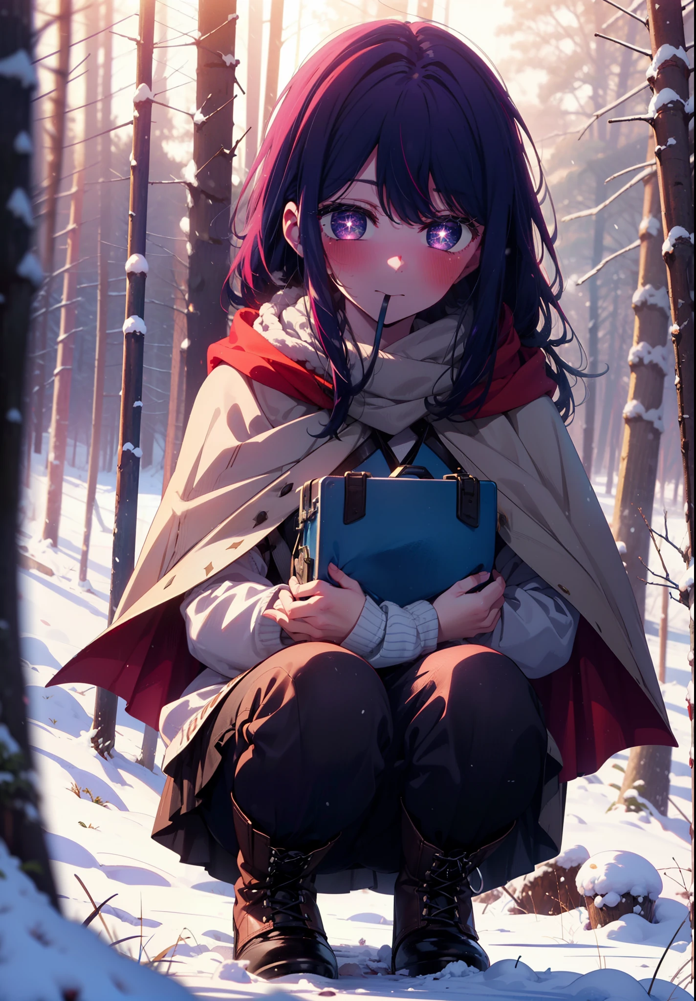 aihoshino, Ai Hoshino, Long Hair, bangs, (Purple eyes:1.1), Purple Hair, (Symbol-shaped pupil:1.5), smile,,smile,blush,white breath,
Open your mouth,snow,Ground bonfire, Outdoor, boots, snowing, From the side, wood, suitcase, Cape, Blurred, , forest, White handbag, nature,  Squat, Mouth closed, Cape, winter, Written boundary depth, Black shoes, red Cape break looking at viewer, Upper Body, whole body, break Outdoor, forest, nature, break (masterpiece:1.2), Highest quality, High resolution, unity 8k wallpaper, (shape:0.8), (Beautiful and beautiful eyes:1.6), Highly detailed face, Perfect lighting, Extremely detailed CG, (Perfect hands, Perfect Anatomy),