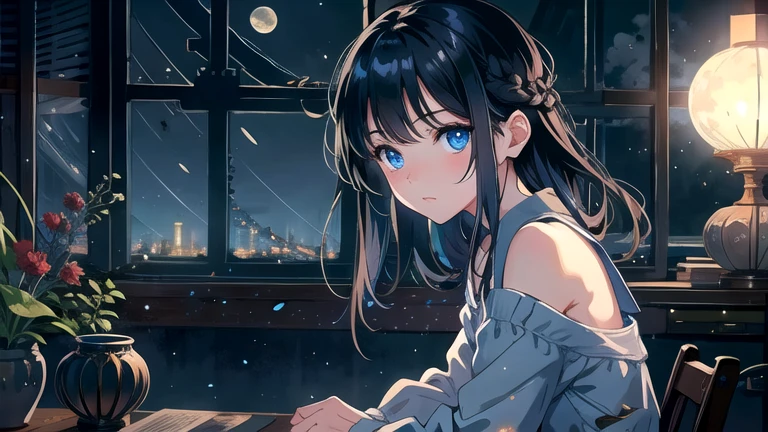Create an illustration of a girl with black hair and blue eyes, sitting in a chair in front of a desk, Sentimental, Introspective look。, The moonlight gently shines into the room, Gently illuminate the space, Curtains sway in the wind, Increase tranquility, Dark mood, Emphasise the theme of loneliness, silence, And the depths of night, The room is dark、dimly lit by the moonlight