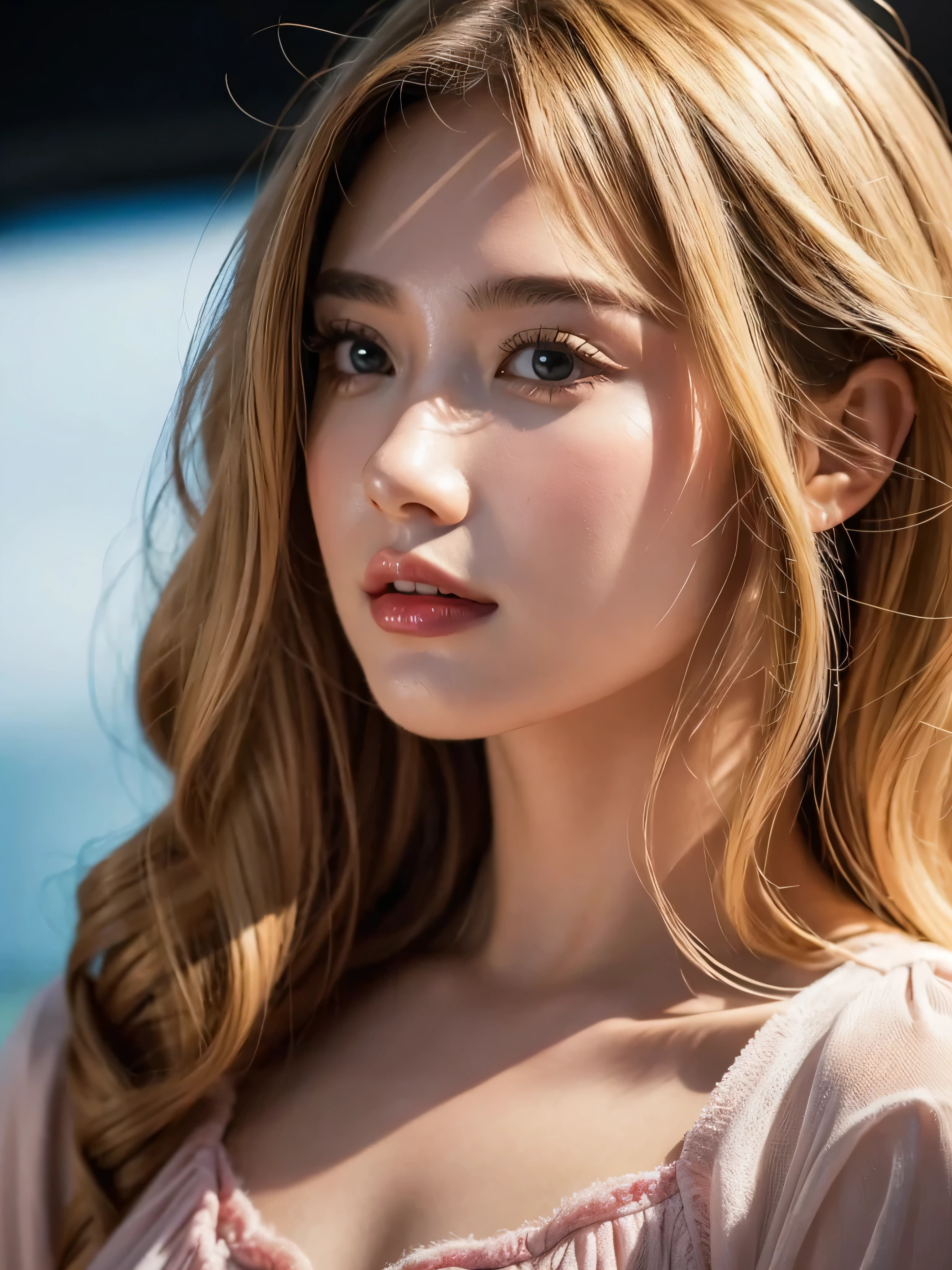 (close up of a beautiful 28 year old girl in a pink vintage dress), movie stock photos, camera f1. 6, saturated colors, Vibrant, lifelike textures, Impressive classic lighting, Modern style, sexy full body photo, Evening, Curly hair has just been dyed light blonde