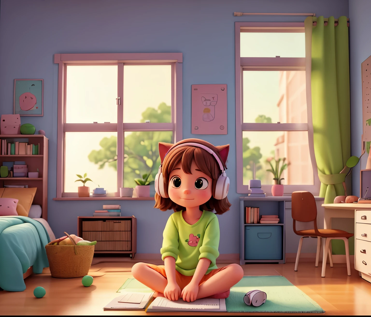 Girl sitting doing her homework in her room with headphones on softly, or a cat resting on the windowsill.A soft and fuzzy art style, with a lo-fi filter that imitates the Lofi aesthetic, as a slightly faded or grainy illustration.Una paleta de colores pastel y tonos apagados, with emphasis on browns, soft oranges and greens to create a feeling of calm and comfort.