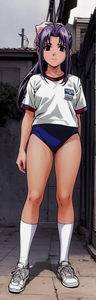 Momoko Koigakubo, with her beautiful legs, is standing in the schoolyard with her legs spread apart in a white gym uniform and light navy blue bloomers that look like panties.。