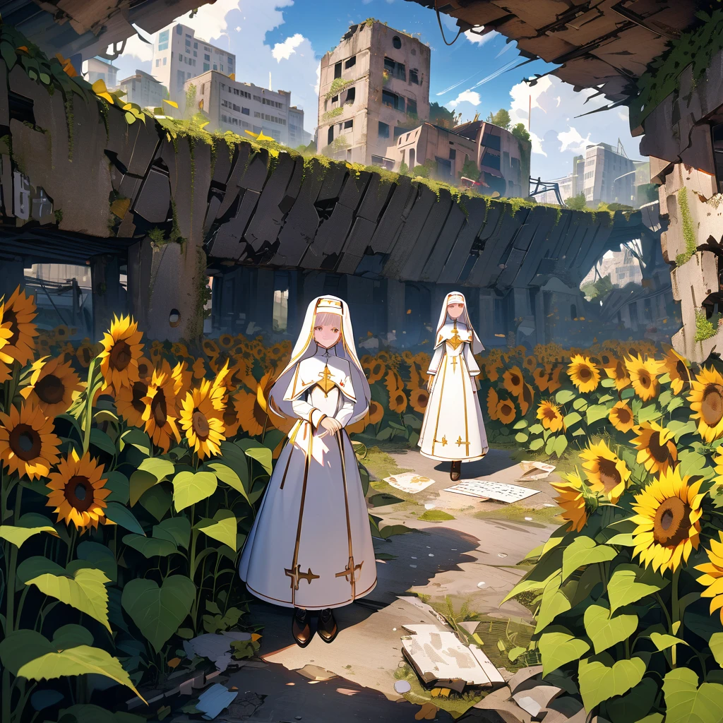 Two white and red robot angel nuns, underground shelter, ruins, sunflowers, detailed background, detailed writing, 4k, UHD, absurd, ultra quality, masterpiece,