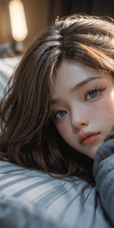 (masterpiece: 1.2, Portraiture, Highest quality), Realistic, (Live Action, Intricate details, Written boundary depth), Highest quality, masterpiece, Attention to detail, semi-Realistic,  Sleeping in bed, shy, 21 years old, Short Blonde, blue eyes, pajamas, Slim figure、Canopy bed、